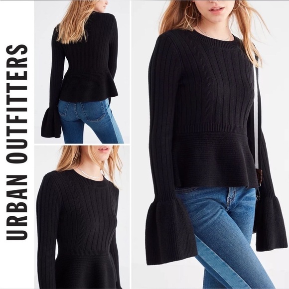 Urban outfitters women’s black peplum bell sleeve sweater L knit winter fall - Picture 1 of 9